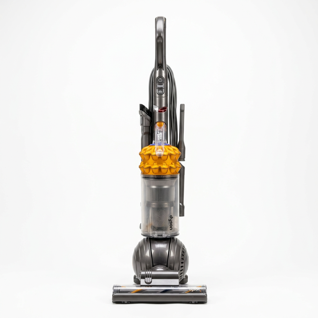 Dyson upright vacuum cleaner with yellow cyclone assembly and attached tools